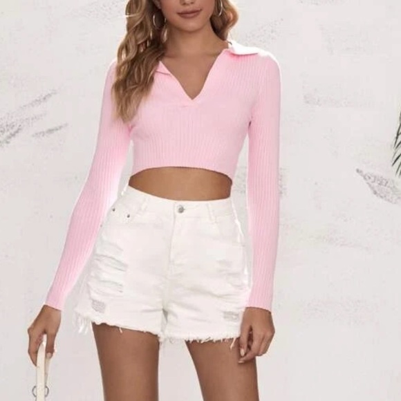 SHEIN Pink Cropped Long Sleeve Top Medium - Picture 5 of 9